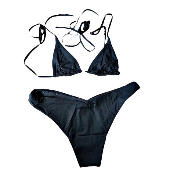 WEWOREWHAT Black Bikini Set Delilah Bottom Cooper Wrap Tie Strappy Top Large NEW - Picture 1 of 9